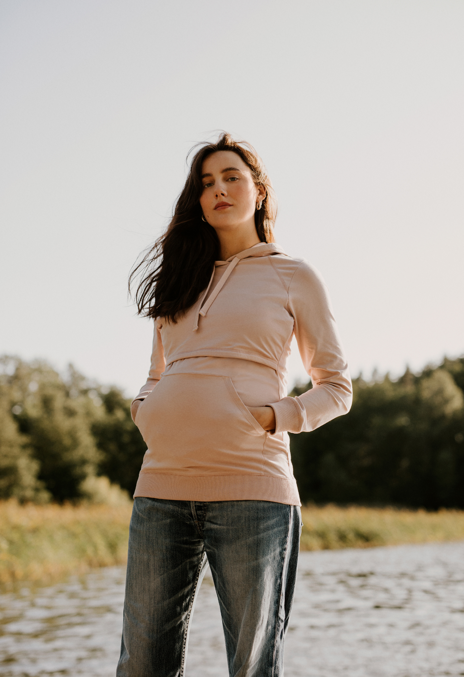 Fleece lined maternity hoodie with nursing access - Pebble