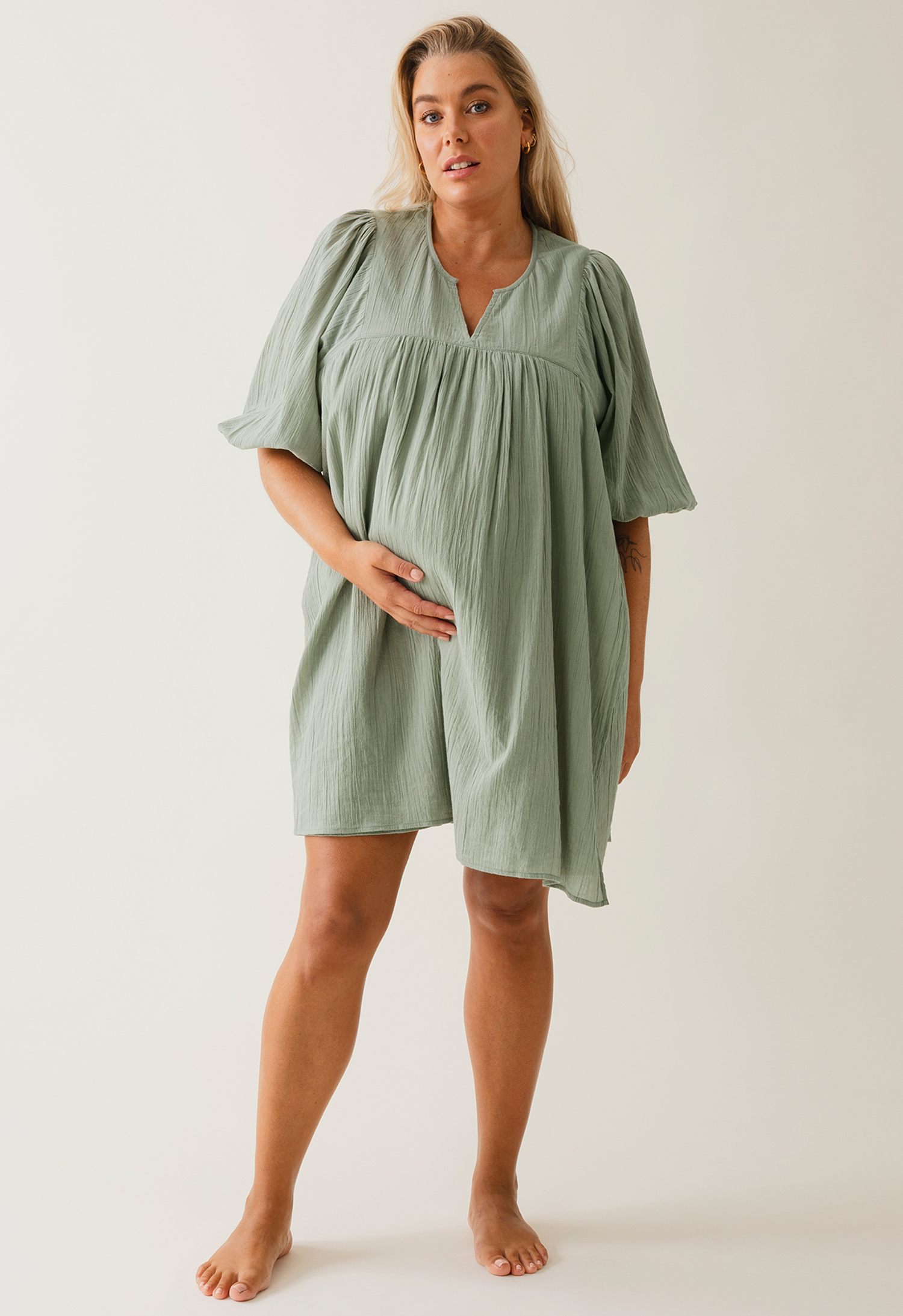 Boho maternity mini dress - Green Tea gallery